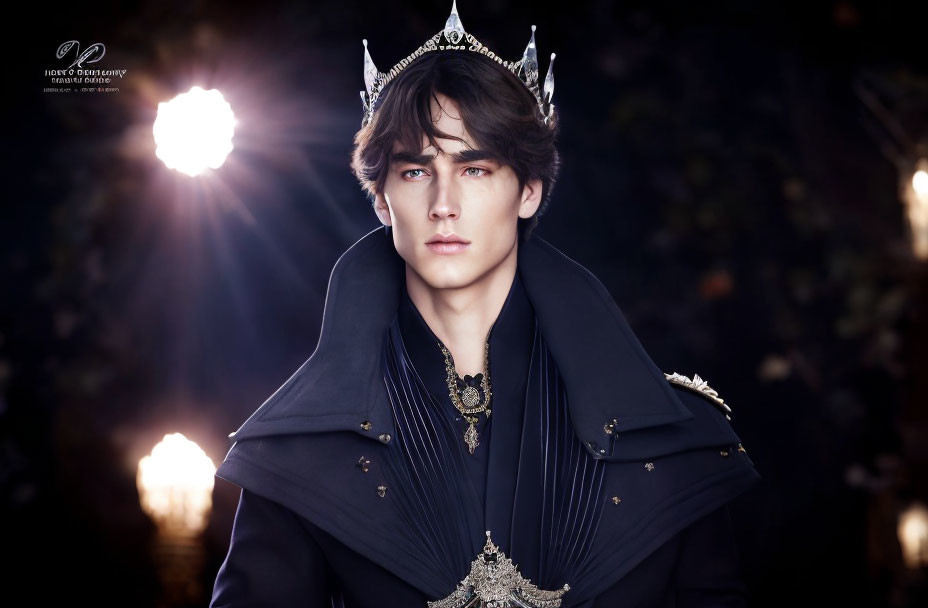 Fair-skinned person in dark cloak and crown against backlit background.
