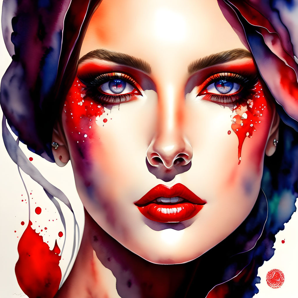 Portrait of Woman with Blue Eyes and Red Lips in Red Splatter on White Background