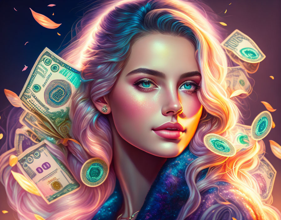 Stylized portrait of woman with flowing hair and money on galaxy backdrop