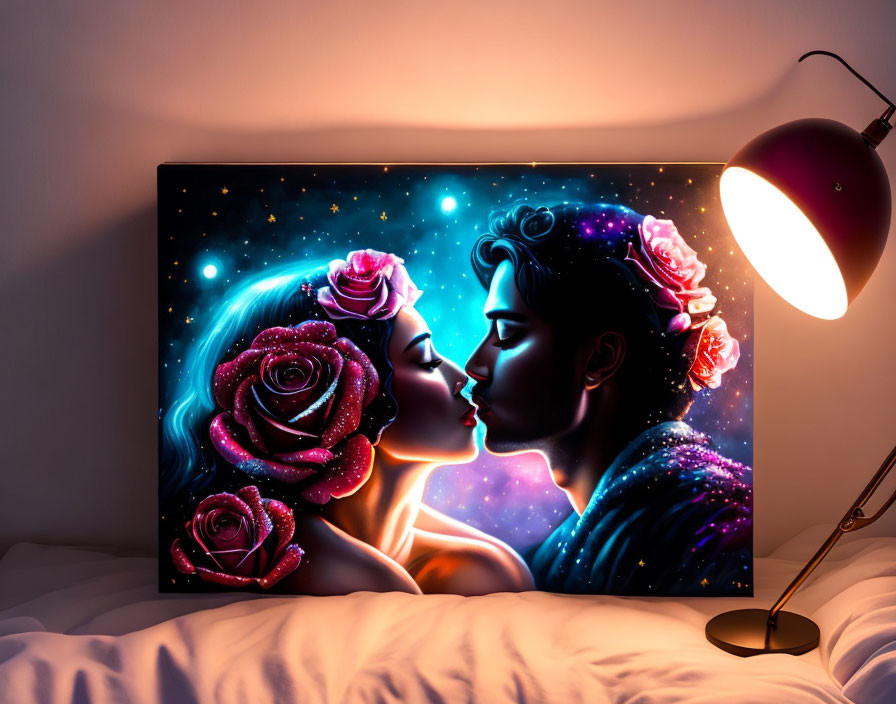 Cosmic-themed canvas print with couple, roses, and starry effects beside table lamp