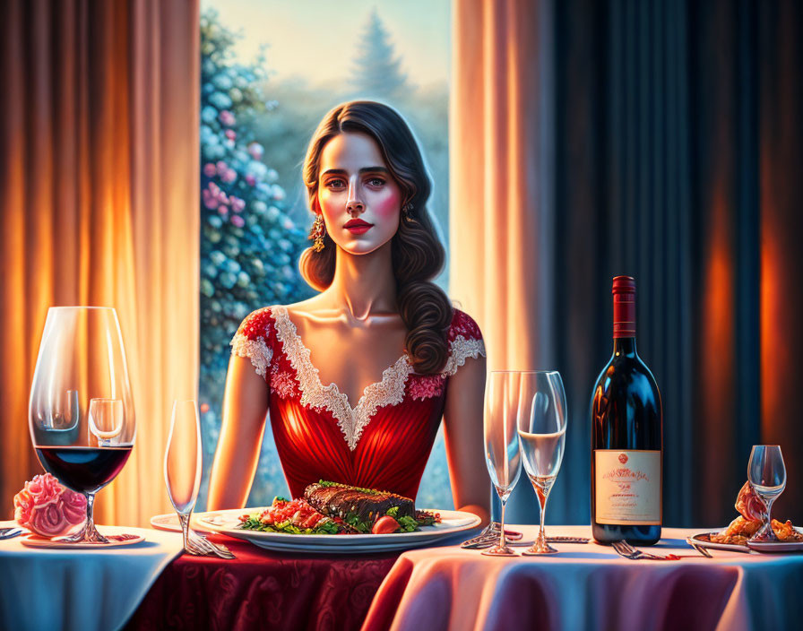Sophisticated woman in red dress at dinner table with wine, contemplating, twilight scene in background