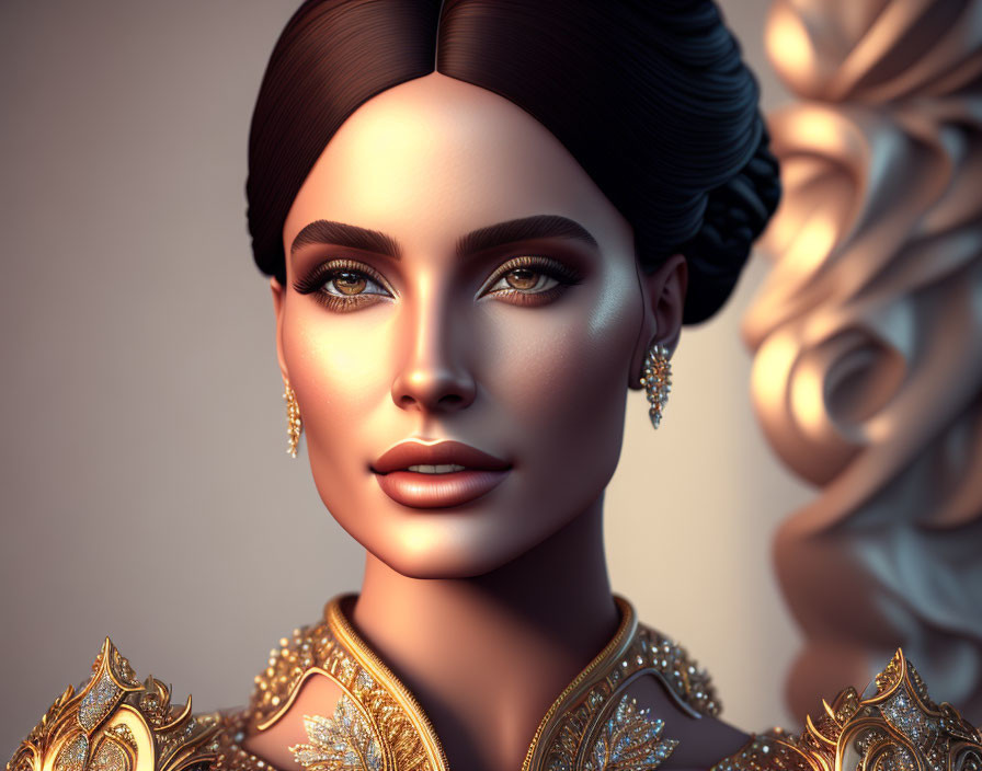 Sophisticated Woman in 3D Render with Elegant Golden Attire