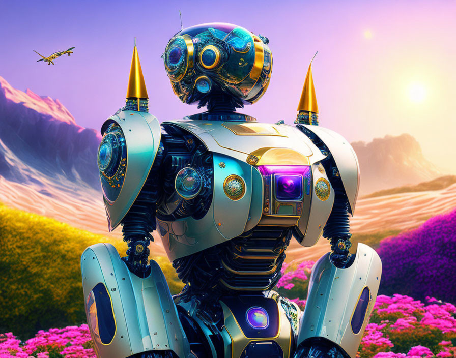 Detailed Golden and Blue Futuristic Robot in Colorful Landscape