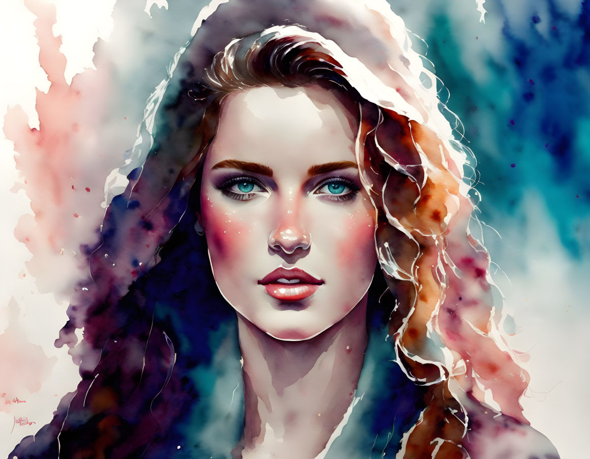 Colorful Watercolor Painting of Woman with Blue Eyes & Wavy Hair