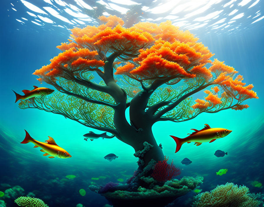 Colorful underwater scene with orange coral tree and fish under sunbeams