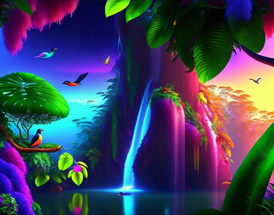 Surreal landscape with neon blue waterfall and exotic birds