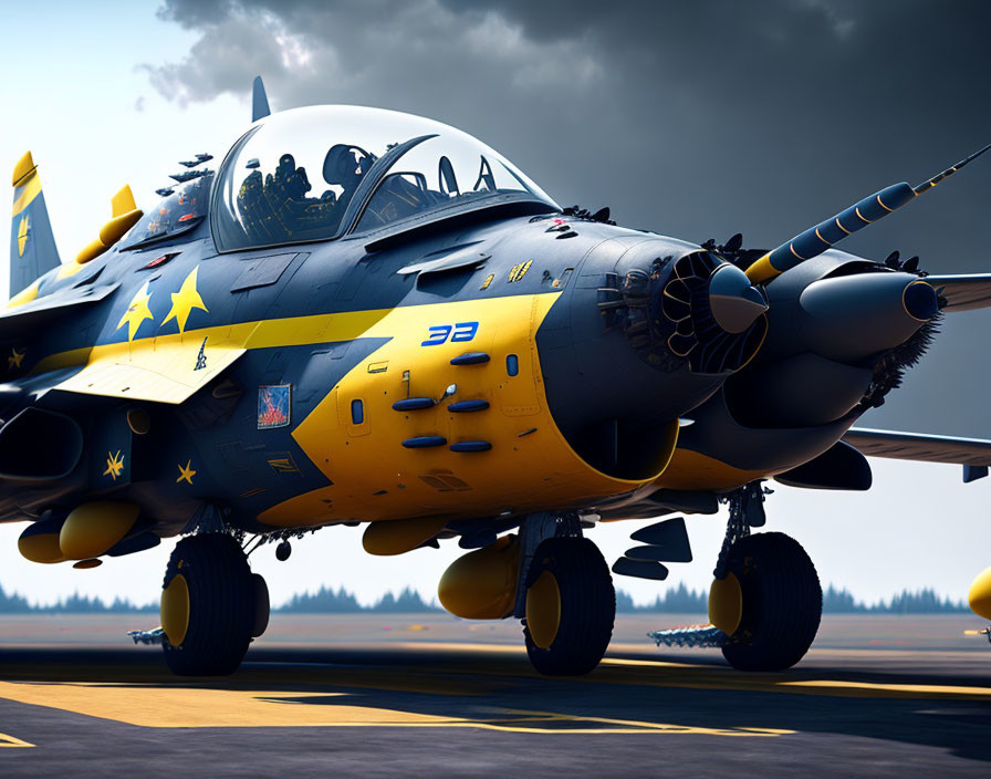 Military jet with blue and yellow camouflage pattern and under-wing armaments