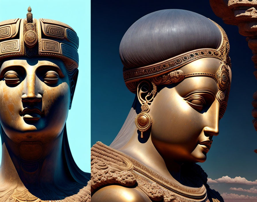 Regal character busts with ornate headgear in blue and gold tones