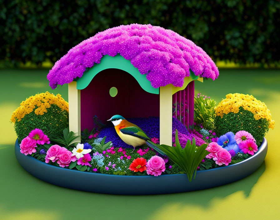 Colorful Birdhouse Surrounded by Flowers and Bird on Hedge Background