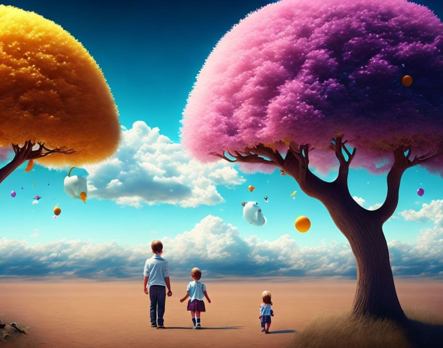 Vibrantly colored trees and floating islands in surreal landscape
