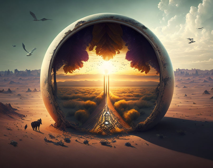 Surreal landscape with circular portal, vibrant forest pathway, desert wildlife, and dusk sky.