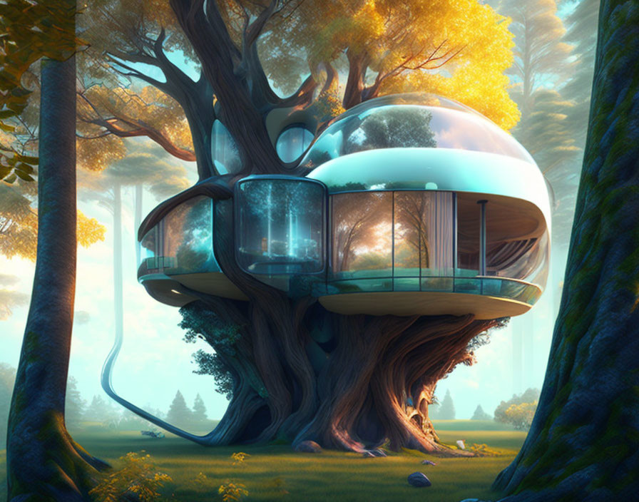 Unique Treehouse Design with Spherical Glass Rooms in Verdant Forest