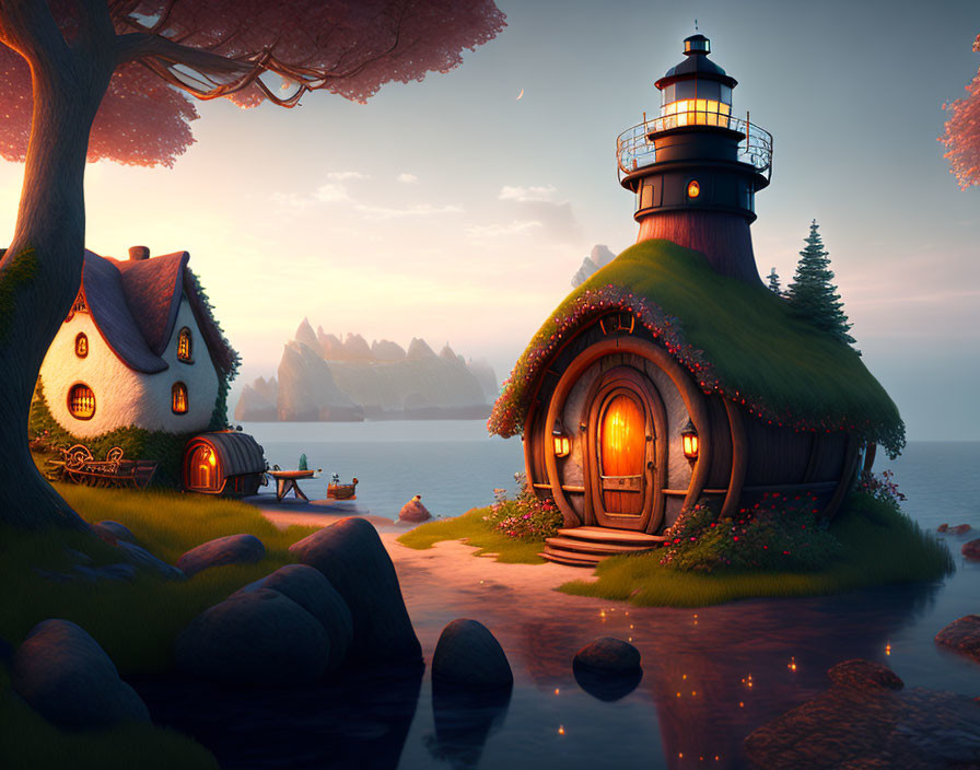 Serene lakeshore cottage with lighthouse in dusk ambiance