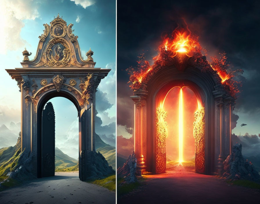 Ornate Gates Diptych: Daylight Serene Landscape vs. Dusk Ominous