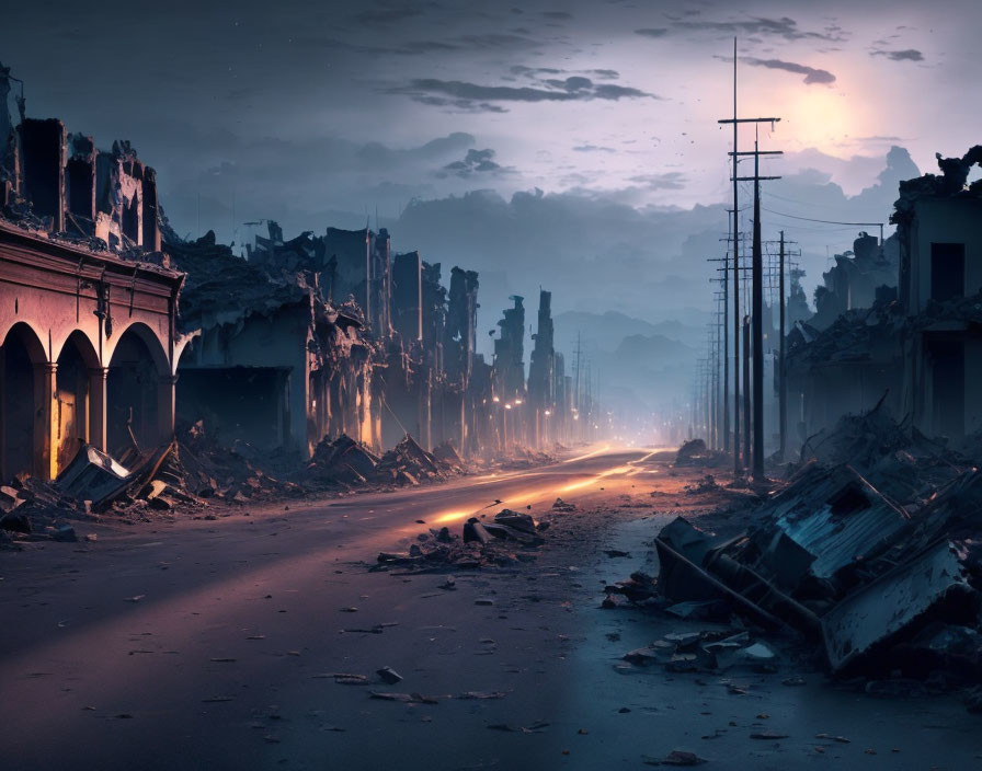 Desolate street with ruined buildings and debris under dusky sky