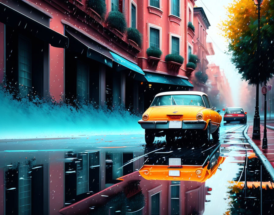 Yellow vintage car splashes through rainy city street with red buildings and shimmering reflections