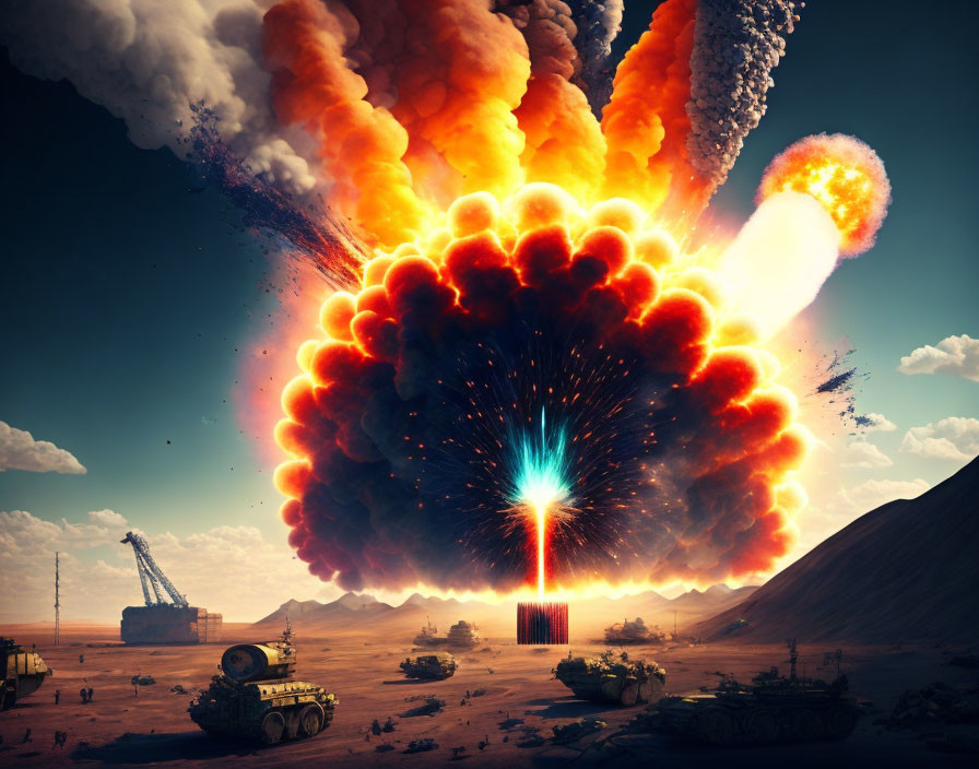 Vibrant explosion in desert with military vehicles and crane