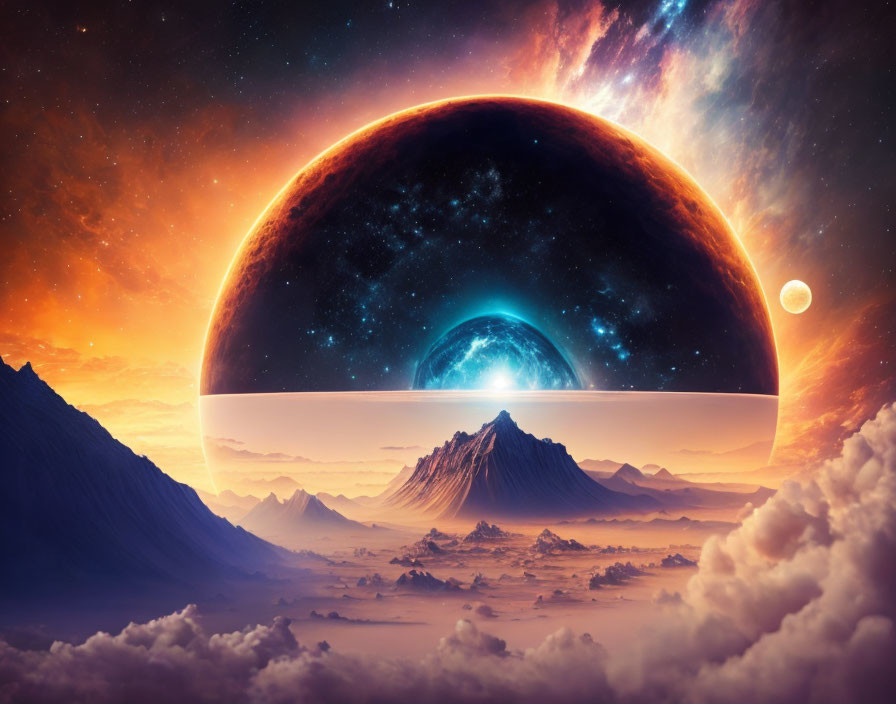 Surreal landscape with mountains, planet, stars, and moon
