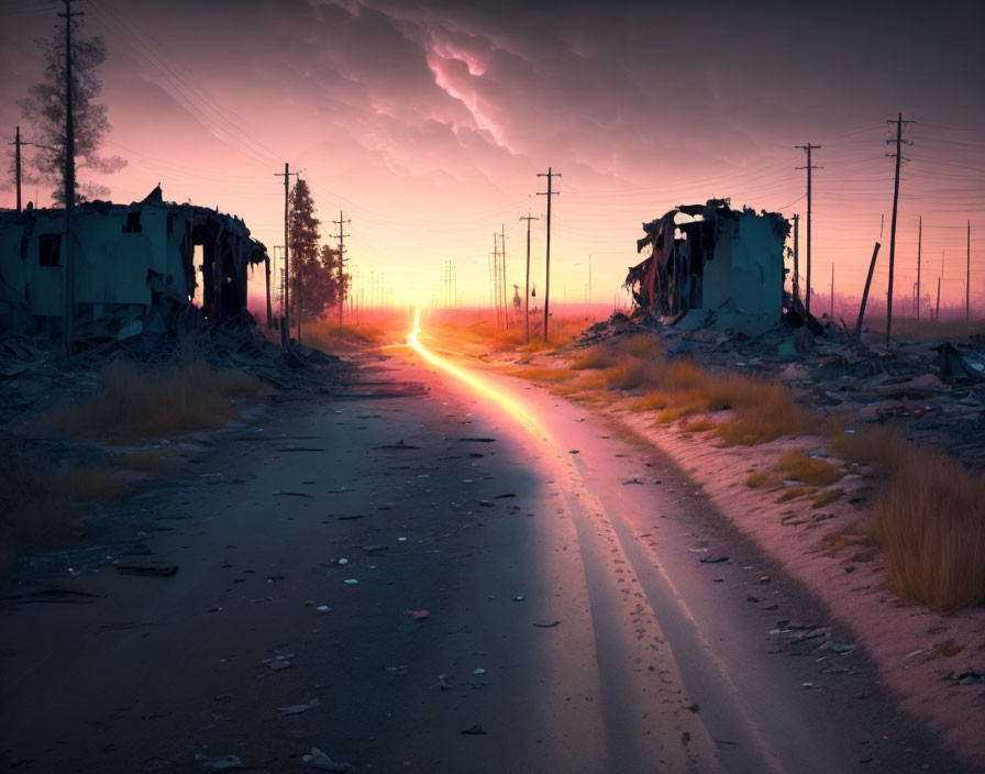 Deserted Road with Dilapidated Buildings and Dramatic Sunset