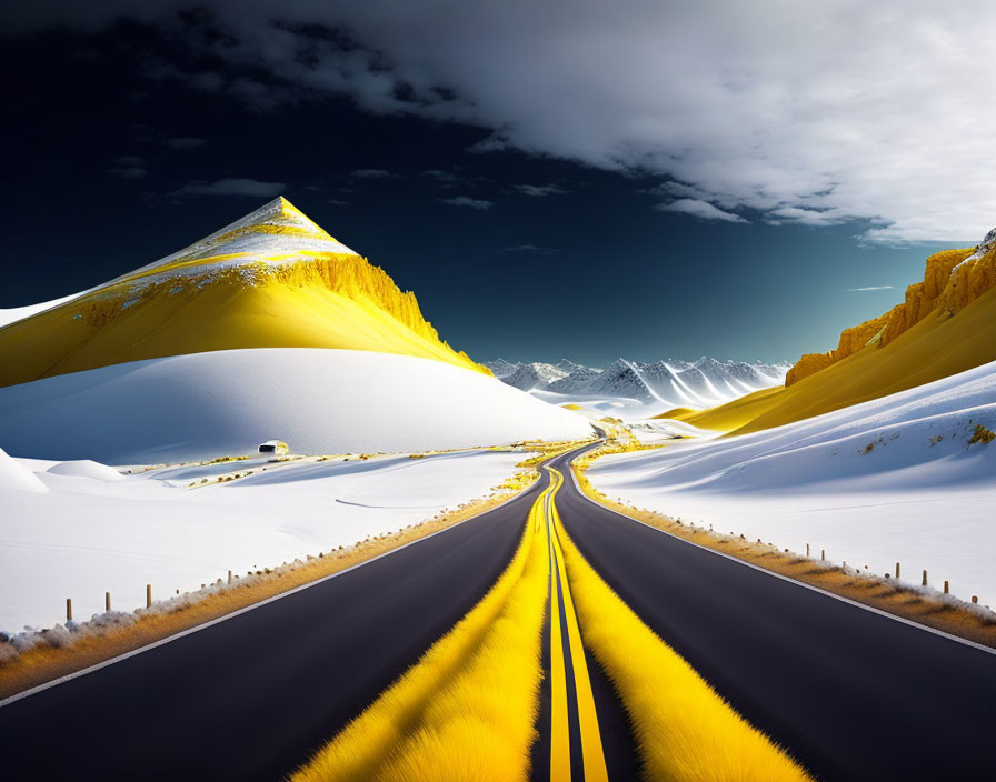 Snowy Landscape with Yellow-lined Road and Sand Dunes Under Blue Sky