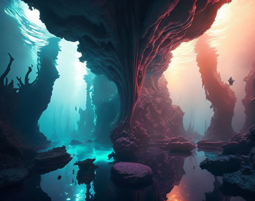 Ethereal Underwater Cavern with Pink and Blue Lighting