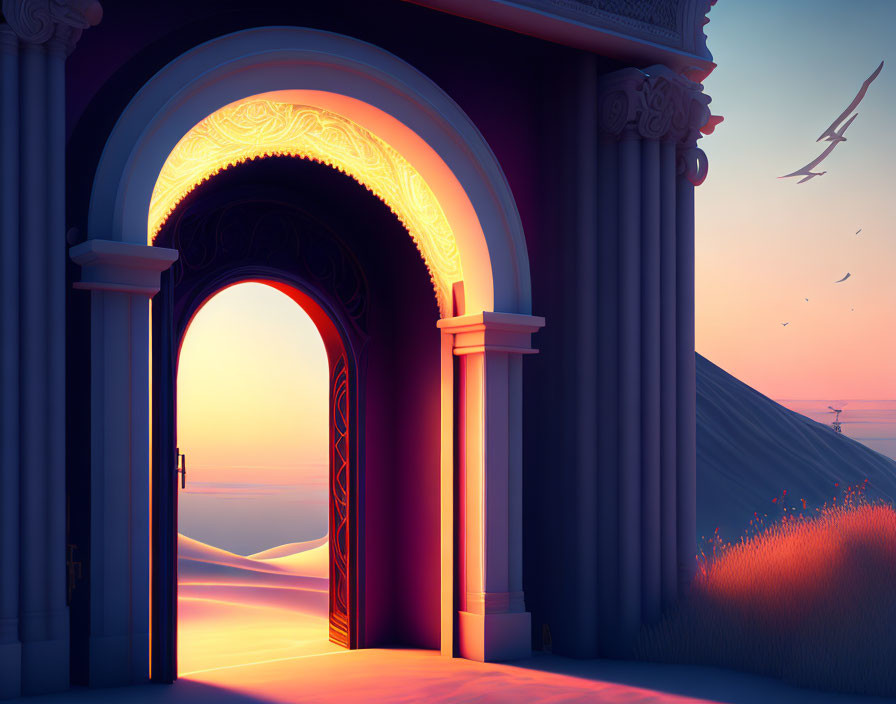 Classical building doorway frames sand dunes at sunset with birds in flight