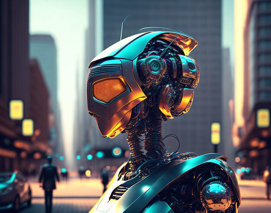 Detailed futuristic robot in cityscape at twilight with glowing streetlights.