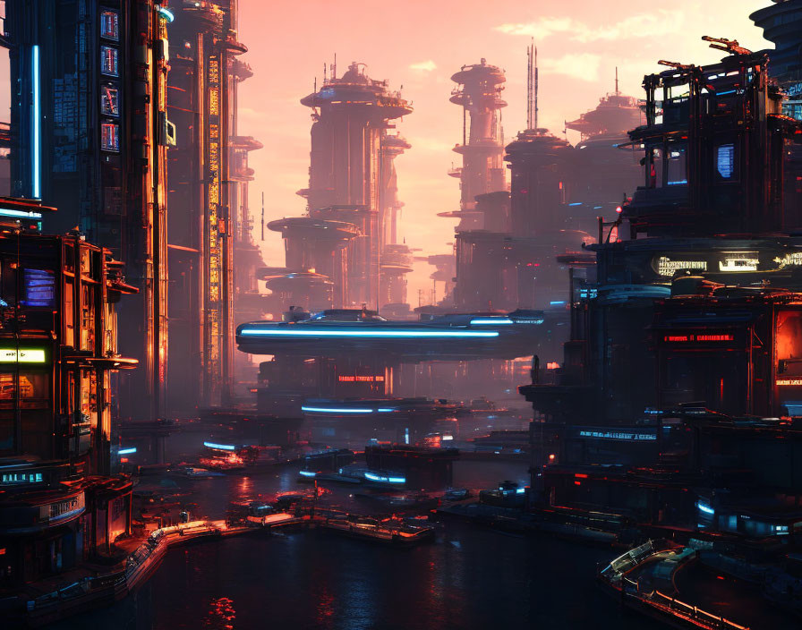 Futuristic cityscape at dusk: skyscrapers, neon lights, flying vehicles