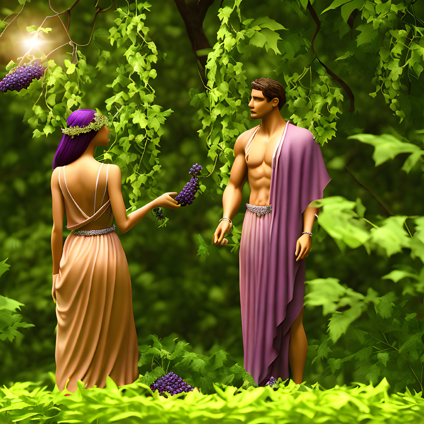 Woman in beige dress offers grapes to man in purple toga among green vines