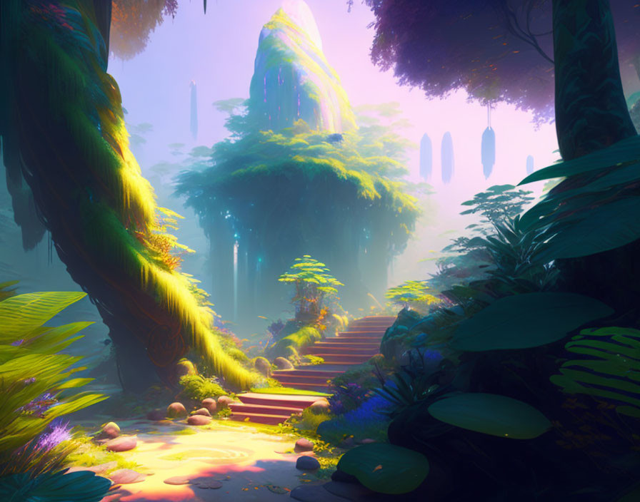 Enchanting forest with towering trees and floating rocks