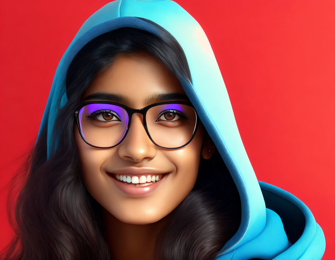Smiling young woman in glasses wearing blue hoodie on red background