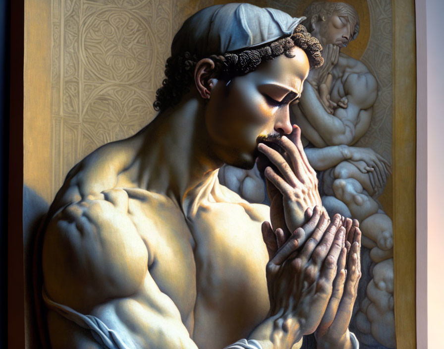 Muscular man in prayer with laurel wreath, classical figures in background