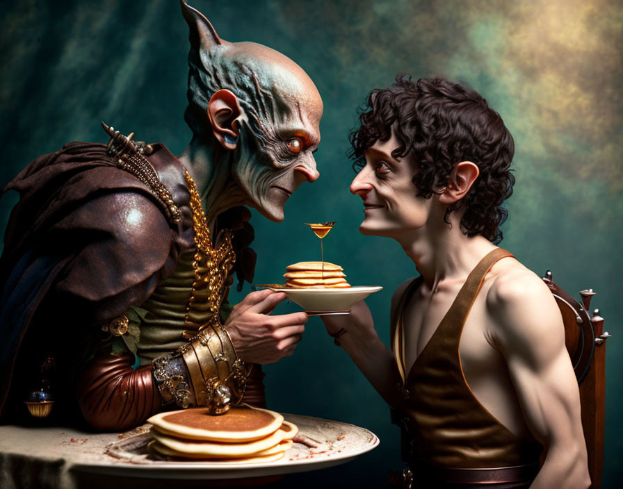 Fantastical scene: characters with pointed ears and curly hair enjoying pancakes and a drink