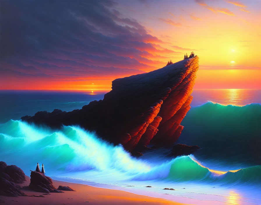Digital Artwork: Cliff, Trees, Sunset Sky, Turquoise Waves, Figures