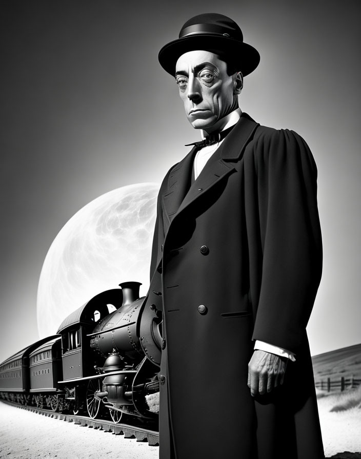 Monochrome image of stylized man in suit and bowler hat by old train and large moon