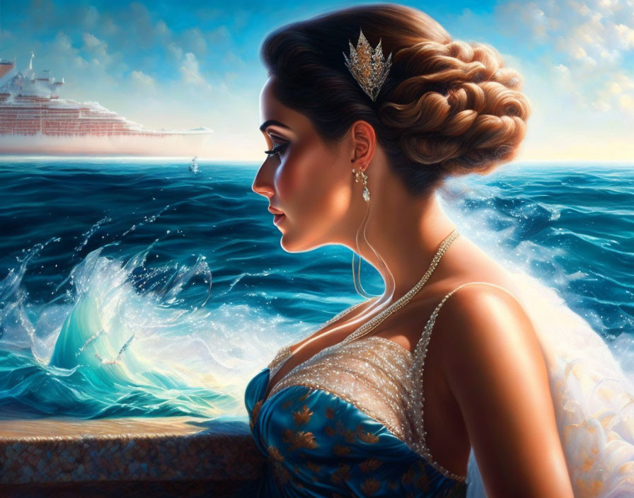 Illustrated woman in blue gown admires dolphins and cruise ship by the sea