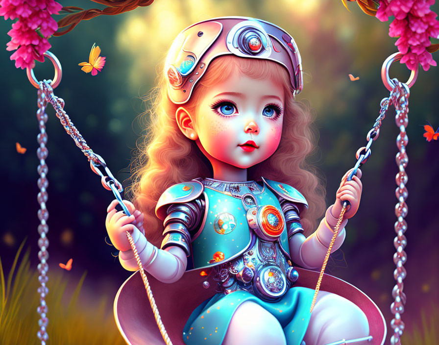 Whimsical robotic girl on swing in fantasy digital art
