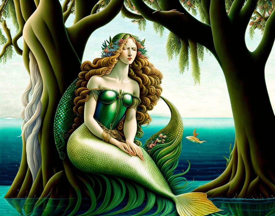Detailed Mermaid Illustration with Long Hair by the Sea