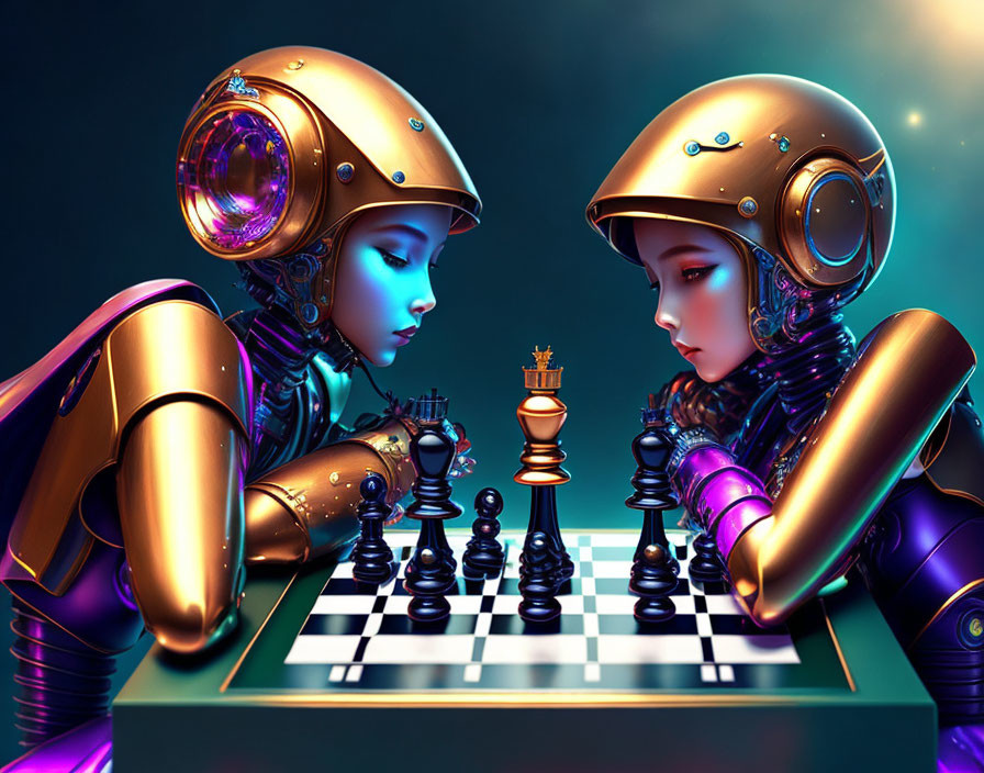 Futuristic robotic figures playing chess in golden armor