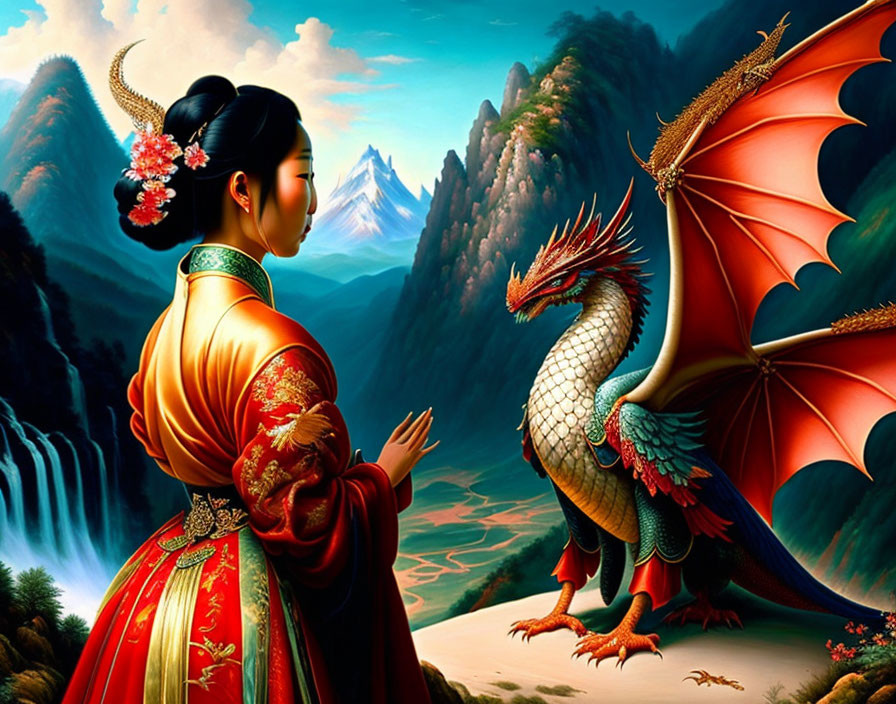 Traditional Red Attired Woman Confronts Majestic Dragon in Vibrant Landscape
