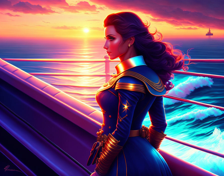 Illustration: Woman in naval uniform admiring ocean sunset
