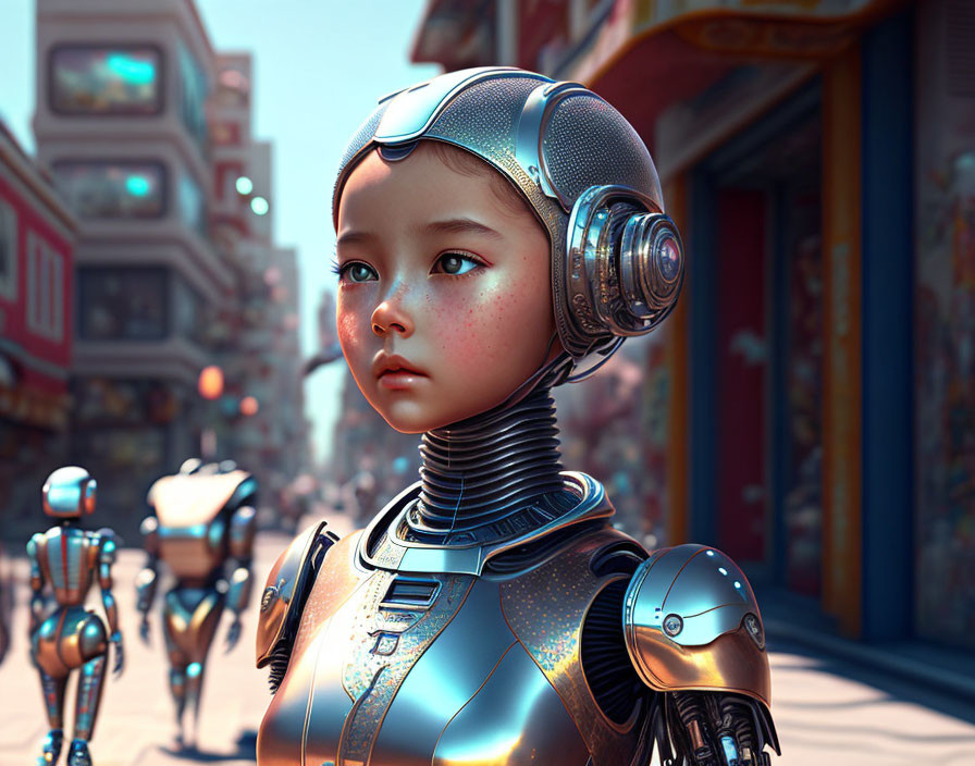 Futuristic robot child in detailed metallic bodysuit gazes in urban setting