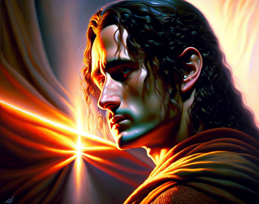 Fantasy character with long curly hair in digital art against luminous orange background