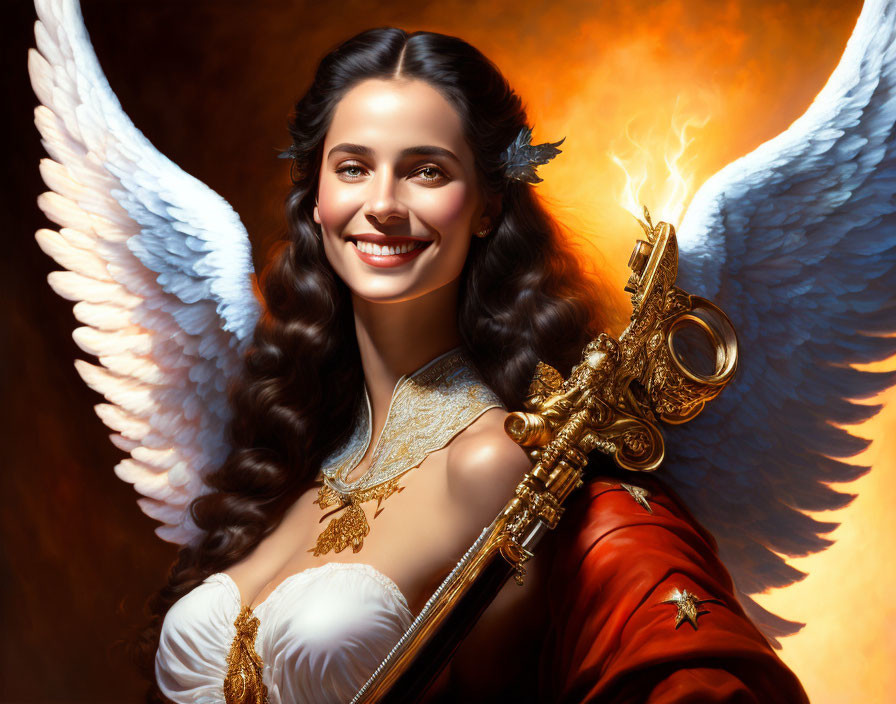 Smiling angelic figure with white wings holding golden key in fiery glow