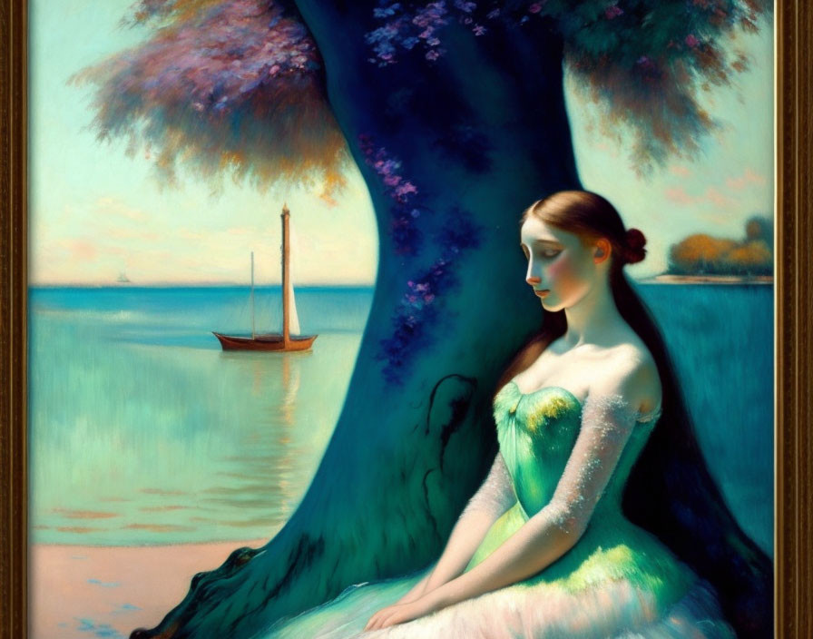Woman in Green Dress by Tree: Serene Sea and Sailboat Scene