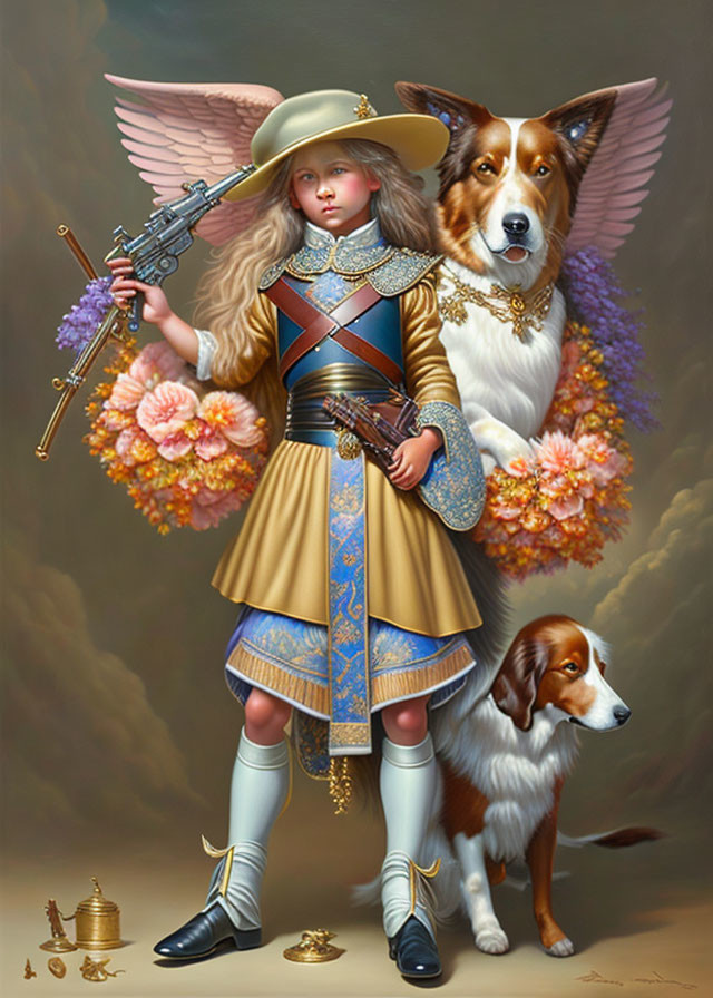 Young girl in medieval armor with rifle and angelic winged dogs in whimsical setting