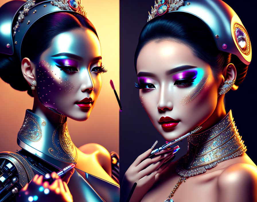 Stylized digital portraits of a woman with futuristic makeup and accessories