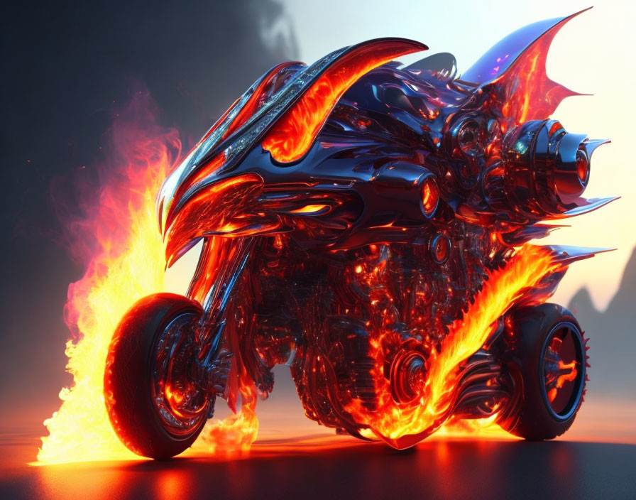 Flame-themed futuristic motorcycle on reflective surface at dusk