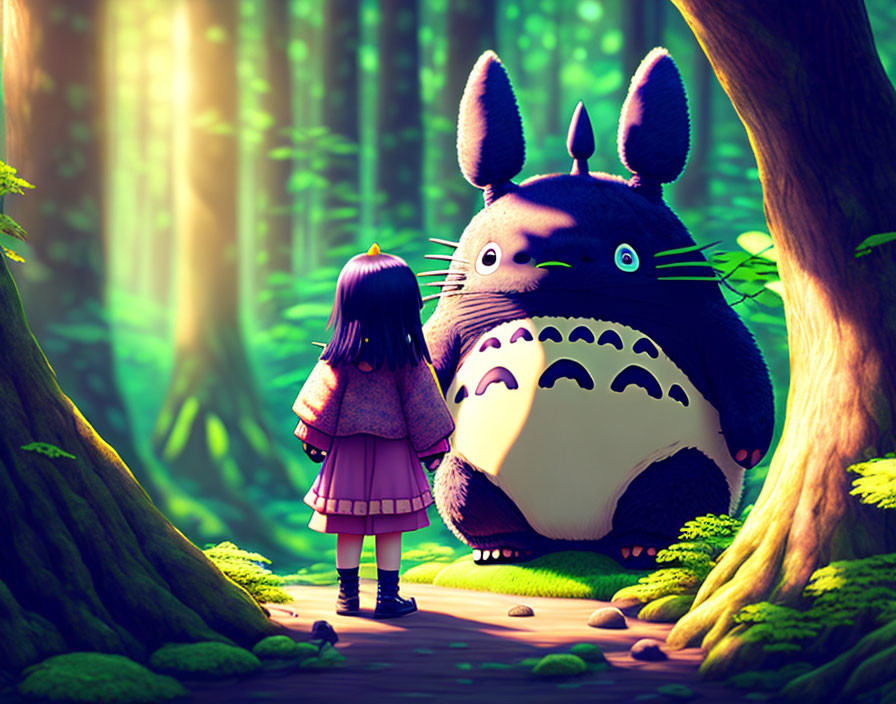 Young girl in pink coat meets friendly blue creature in sunny forest