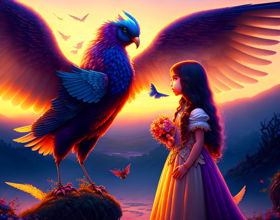 Girl in purple dress holding flowers gazes at giant blue bird in sunset landscape
